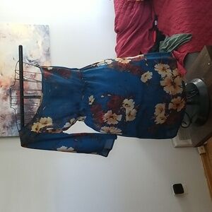 Dress off shoulder deep blue w cream &deep red flowers